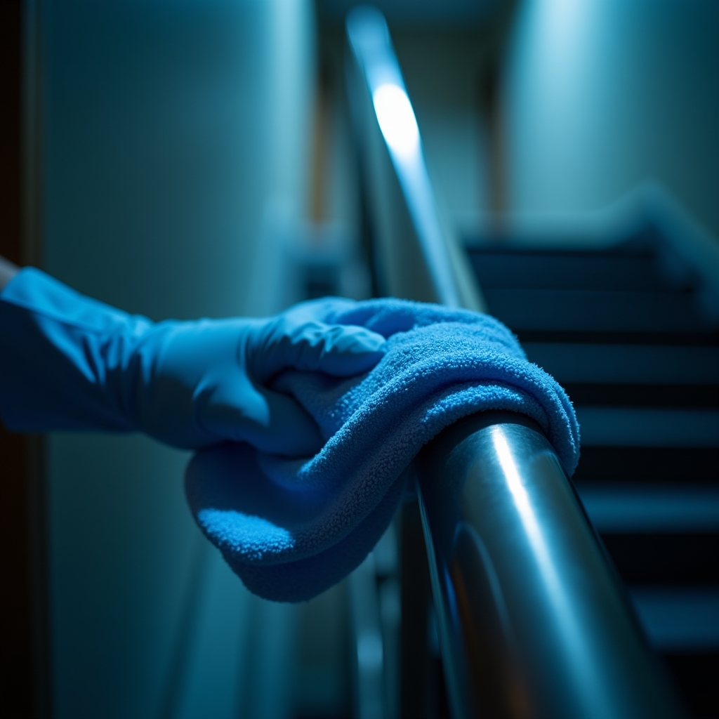 Balustradă dezinfectată la scara blocului